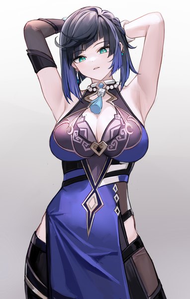 Anime picture 2604x4093 with genshin impact yelan (genshin impact) nagata gata single tall image highres short hair breasts light erotic black hair simple background large breasts standing green eyes cleavage mole from below sleeveless gradient background arms behind head