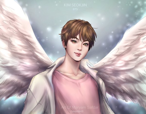 Anime picture 3200x2500 with real life bts jin (bts) mari945 single looking at viewer fringe highres short hair simple background smile brown hair brown eyes signed absurdres upper body lips realistic grey background open shirt