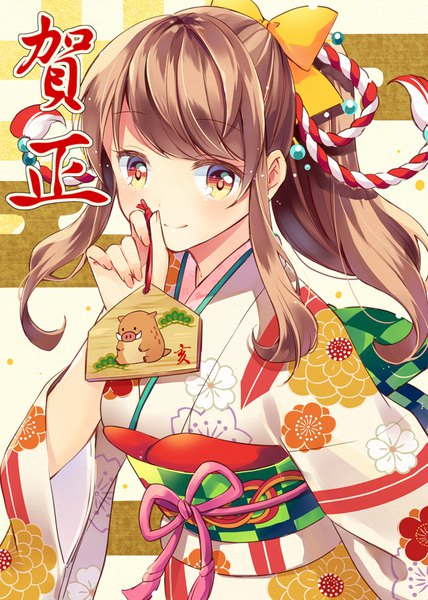 Anime picture 713x1000 with original hazuki natsu single long hair tall image blush brown hair brown eyes payot upper body ponytail traditional clothes japanese clothes light smile floral print new year egasumi zodiac chinese zodiac pig (chinese zodiac)
