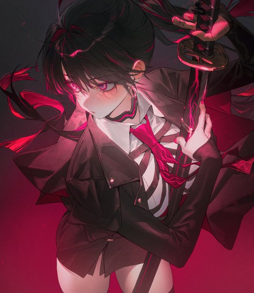 Anime picture 823x949 with legendary sword cerberus (legendary sword) wanke single long hair tall image fringe black hair simple background hair between eyes standing looking away nail polish pink eyes multicolored hair arm up two-tone hair dark background colored inner hair pink nail polish
