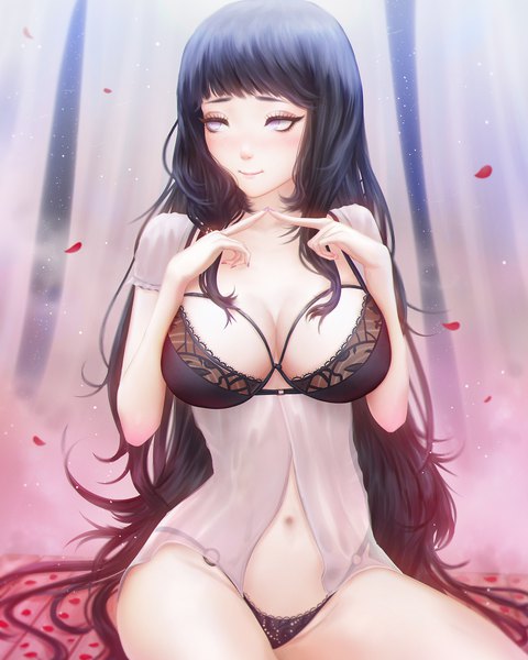 Anime picture 1600x2000 with naruto studio pierrot naruto (series) hyuuga hinata mcdobo single long hair tall image blush fringe breasts light erotic black hair smile large breasts sitting looking away blunt bangs arms up fingers together