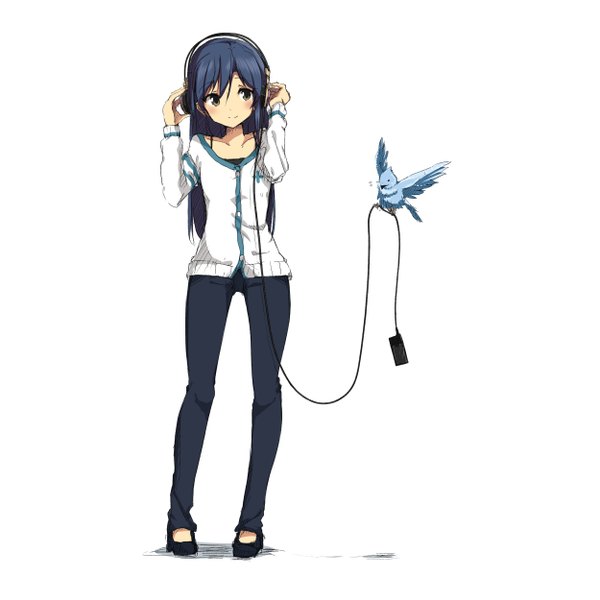 Anime picture 2500x2500 with idolmaster kisaragi chihaya single long hair blush highres simple background smile white background brown eyes blue hair looking away shadow girl animal shoes headphones bird (birds) pants digital media player