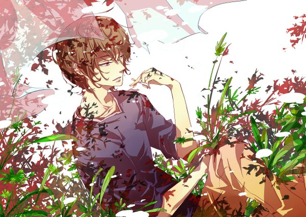 Anime picture 1214x860 with natsuyuki rendezvous hazuki ryousuke fuwishi single short hair open mouth brown hair sitting brown eyes boy plant (plants) grass cigarette