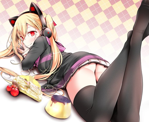 Anime picture 1300x1074 with azur lane concord (azur lane) oouso (usotsukiya) single long hair looking at viewer blush fringe light erotic blonde hair hair between eyes red eyes twintails bent knee (knees) ass lying pleated skirt mole official art no shoes