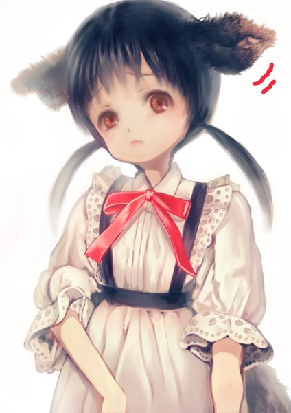 Anime picture 1240x1754 with original hyotan (artist) single tall image looking at viewer short hair black hair white background twintails brown eyes animal ears animal tail short twintails girl dress
