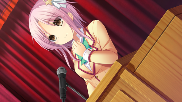 Anime picture 2560x1440 with otonari koi sensou! aihara yuzu (otonari koi sensou!) single highres short hair wide image brown eyes pink hair game cg girl uniform hair ornament school uniform microphone