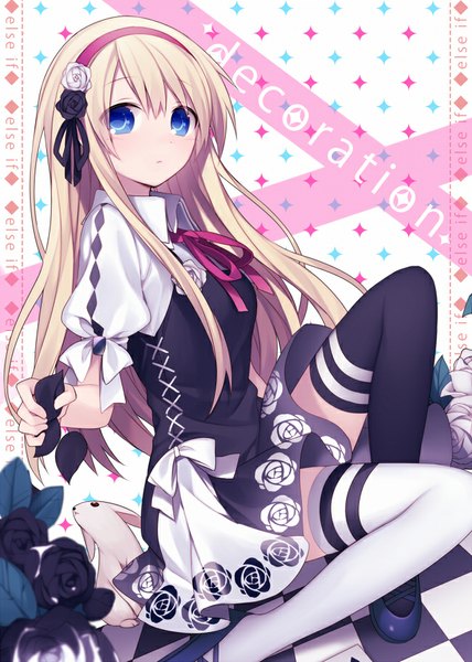 Anime picture 650x910 with original hijiri (resetter) single long hair tall image looking at viewer fringe blue eyes blonde hair sitting holding short sleeves checkered floor floor different thighhighs girl thighhighs flower (flowers) ribbon (ribbons) animal