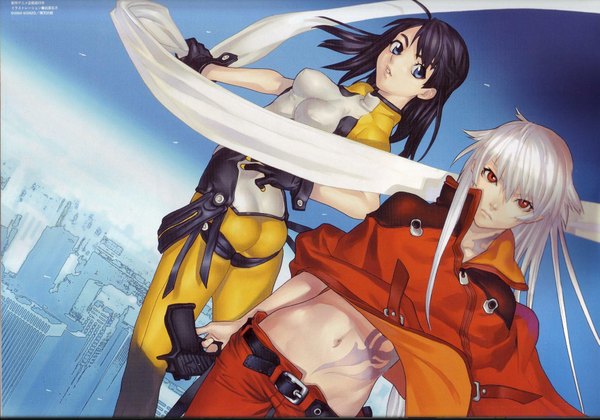 Anime picture 1789x1253 with bakuretsu tenshi jo (bakuretsu tenshi) meg (bakuretsu tenshi) hakua ugetsu long hair looking at viewer highres short hair blue eyes light erotic black hair red eyes multiple girls looking away ahoge ass white hair scan bare belly tattoo