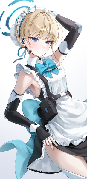 Anime picture 2429x5000 with blue archive toki (blue archive) myowa single tall image looking at viewer fringe highres short hair blue eyes simple background blonde hair standing white background blunt bangs arm up maid victory arm behind head girl