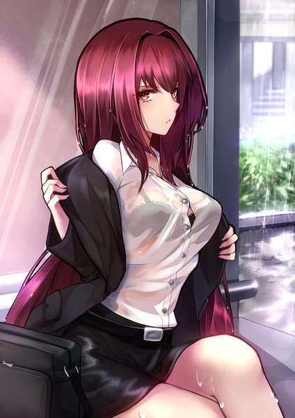 Anime-Bild 1075x1520 mit fate (series) fate/grand order scathach (fate) (all) scathach (fate) shiguru single long hair tall image looking at viewer fringe light erotic hair between eyes red eyes sitting payot bent knee (knees) outdoors red hair fingernails sunlight