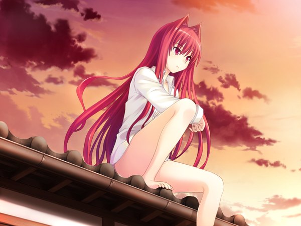 Anime picture 1600x1200 with gurenka kuon (gurenka) nekonyan long hair red eyes game cg cloud (clouds) red hair barefoot girl shirt