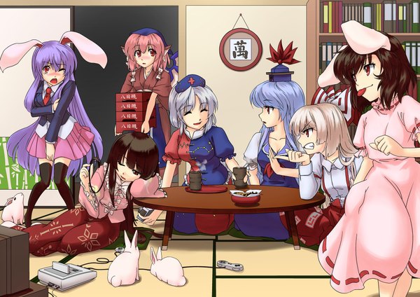 Anime picture 2105x1488 with touhou reisen udongein inaba fujiwara no mokou houraisan kaguya kamishirasawa keine inaba tewi yagokoro eirin mystia lorelei inaba caesar et cleopatra (abo) long hair blush highres short hair black hair red eyes sitting multiple girls brown eyes animal ears