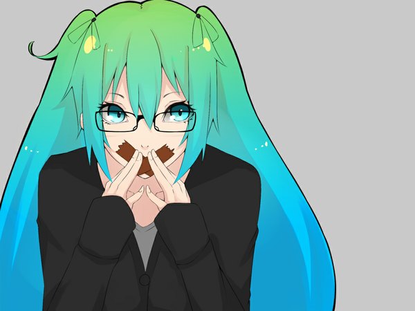 Anime picture 1000x750 with vocaloid hatsune miku akuan single long hair fringe simple background blue hair multicolored hair aqua eyes green hair grey background bandaid on face girl glasses sweater bandaid