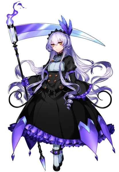 Anime picture 1024x1480 with pokemon nintendo chandelure katagiri hachigou single long hair tall image looking at viewer simple background white background yellow eyes white hair drill hair gen 5 pokemon girl dress weapon black dress scythe