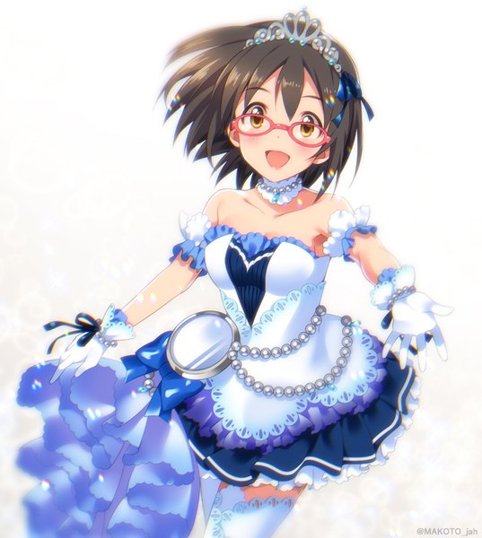 Anime picture 850x950 with idolmaster idolmaster cinderella girls idolmaster cinderella girls starlight stage kamijou haruna mizuki makoto single tall image looking at viewer blush short hair open mouth brown hair brown eyes starry sky bright girl thighhighs dress gloves white thighhighs glasses