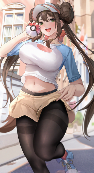 Anime picture 2255x4128 with pokemon pokemon black and white nintendo rosa (pokemon) po ppe single long hair tall image looking at viewer fringe highres breasts open mouth light erotic smile hair between eyes brown hair large breasts standing twintails