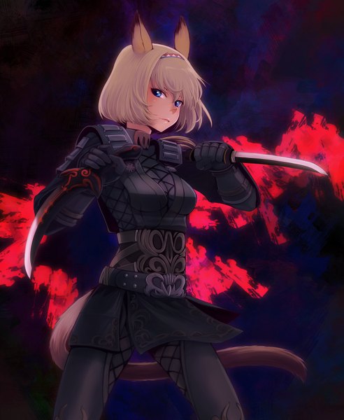 Anime picture 1230x1500 with final fantasy square enix mithra takatsuki kahiro single tall image short hair blue eyes blonde hair animal ears tail animal tail girl weapon hairband armor knife