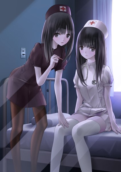 Anime picture 827x1169 with original chikuwa (odennabe) long hair tall image looking at viewer black hair sitting multiple girls black eyes nurse girl thighhighs 2 girls white thighhighs bed nurse cap stethoscope hospital thermometer