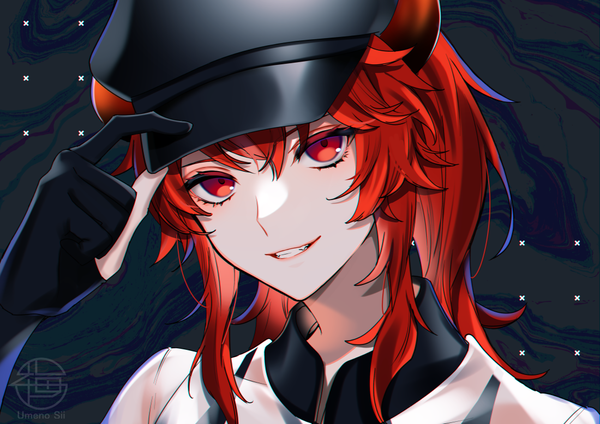 Anime picture 1100x778 with virtual youtuber nijisanji dola (nijisanji) umeno shii single long hair looking at viewer smile red eyes signed upper body red hair horn (horns) grin adjusting hat girl gloves hat black gloves cabbie hat