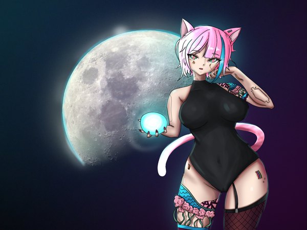 Anime picture 5760x4320 with original rainbow d fox single looking at viewer fringe highres short hair open mouth light erotic simple background standing bare shoulders holding green eyes animal ears pink hair absurdres tail nail polish animal tail