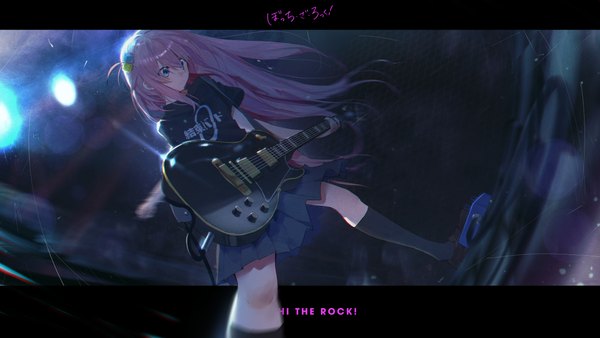 Anime picture 5120x2880 with bocchi the rock! cloverworks gotou hitori cr iws t 72 single long hair fringe highres blue eyes hair between eyes wide image pink hair absurdres copyright name one side up letterboxed playing instrument concert girl hair ornament