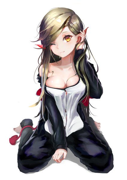 Anime picture 2480x3508 with original dong liuxi single long hair tall image looking at viewer blush fringe highres light erotic simple background white background sitting yellow eyes payot cleavage full body head tilt one eye closed green hair