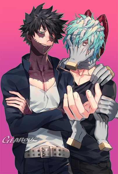 Anime picture 900x1330 with boku no hero academia studio bones dabi (boku no hero academia) shigaraki tomura gearous tall image looking at viewer fringe short hair black hair simple background smile hair between eyes red eyes signed blue hair aqua eyes multiple boys piercing ear piercing