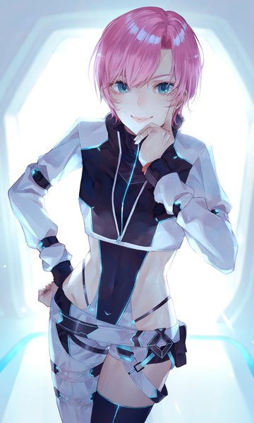 Anime picture 1000x1667 with virtual youtuber nijisanji yuuhi riri kaoming single tall image looking at viewer fringe short hair smile hair between eyes pink hair aqua eyes hand on hip official alternate costume covered navel girl thighhighs single thighhigh