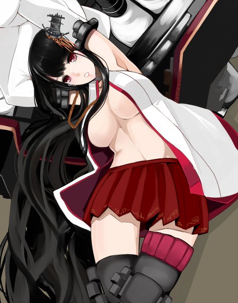 Anime picture 2834x3610 with kantai collection fusou battleship baicha single long hair tall image looking at viewer highres breasts open mouth light erotic black hair red eyes large breasts nontraditional miko girl skirt hair ornament detached sleeves