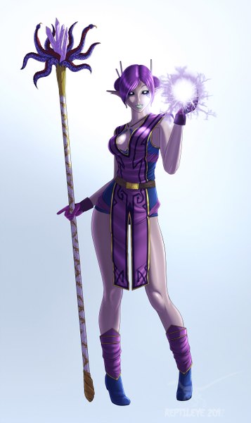 Anime picture 800x1342 with original reptileye (artist) single tall image looking at viewer short hair purple hair magic mage girl gloves staff