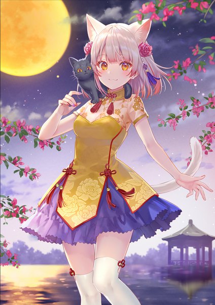 Anime picture 2664x3770 with original visions fukahire (ruinon) single tall image looking at viewer blush fringe highres short hair smile animal ears yellow eyes cloud (clouds) outdoors white hair tail blunt bangs animal tail hair flower
