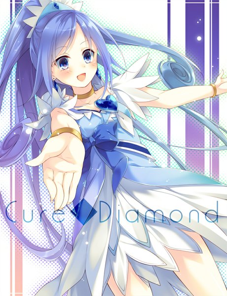 Anime picture 786x1023 with precure dokidoki! precure toei animation hishikawa rikka cure diamond toosaka asagi single long hair tall image looking at viewer blush open mouth blue eyes blue hair ponytail character names girl dress