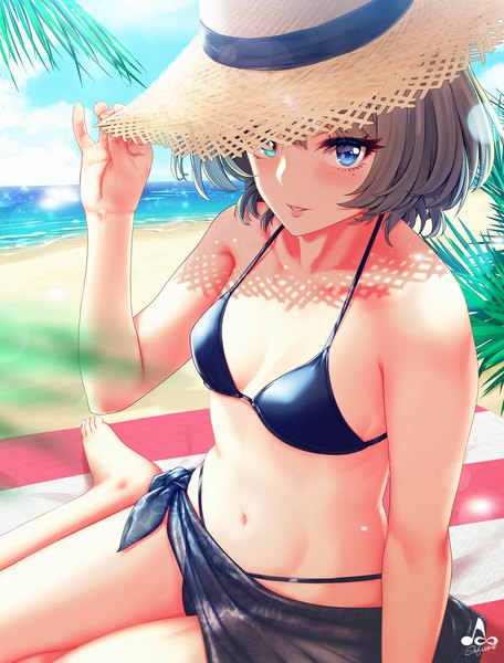 Anime picture 1216x1600 with idolmaster idolmaster cinderella girls takagaki kaede infinote single tall image looking at viewer blush fringe short hair breasts blue eyes light erotic smile hair between eyes brown hair sitting bare shoulders signed sky