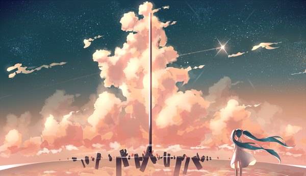 Anime picture 1739x1000 with original phantania single long hair highres wide image twintails blue hair sky cloud (clouds) wind landscape girl dress sundress