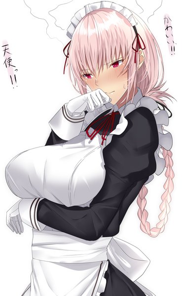 Anime picture 1250x2000 with fate (series) fate/grand order florence nightingale (fate) onineko single long hair tall image blush fringe breasts light erotic simple background hair between eyes red eyes large breasts standing white background payot looking away pink hair