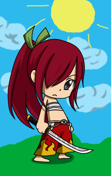 Anime picture 1000x1585 with fairy tail erza scarlet flowerinhell single long hair tall image looking at viewer fringe breasts sky cloud (clouds) ponytail red hair hair over one eye midriff grey eyes flat chest chibi girl weapon