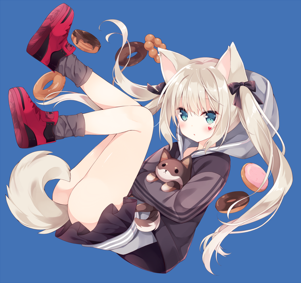 Anime picture 1200x1131 with original hoshi (snacherubi) single long hair looking at viewer blush fringe light erotic blonde hair simple background hair between eyes twintails animal ears payot silver hair full body ass tail animal tail aqua eyes