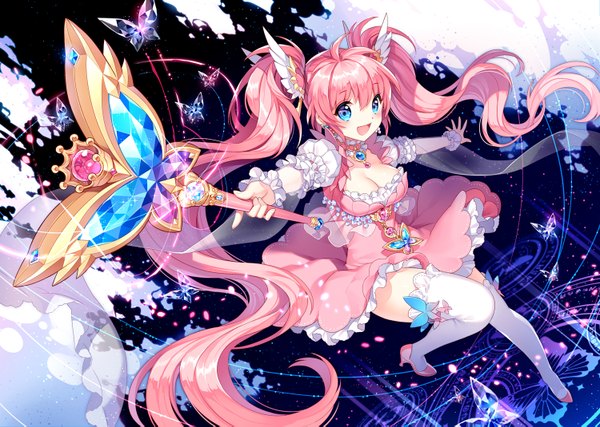 Anime picture 1500x1069 with original nardack single looking at viewer blush open mouth blue eyes twintails pink hair very long hair high heels magic magical girl girl thighhighs dress white thighhighs insect butterfly wrist cuffs