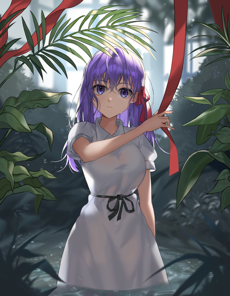 Anime picture 3500x4500 with fate (series) fate/stay night matou sakura roti single long hair tall image looking at viewer fringe highres breasts hair between eyes standing purple eyes absurdres purple hair short sleeves partially submerged girl dress
