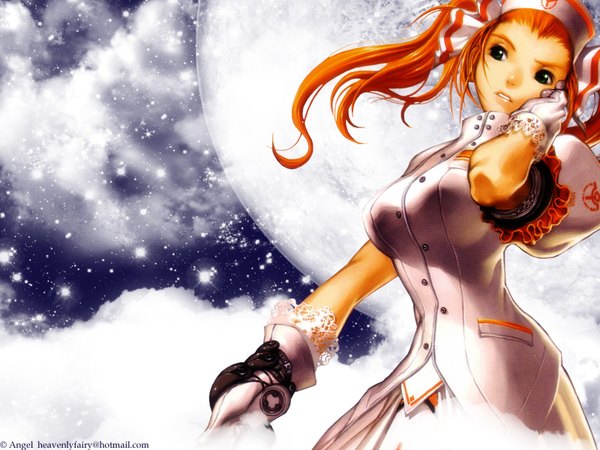 Anime picture 1600x1200 with war of genesis joan kartright kim hyung tae single long hair green eyes orange hair night night sky floating hair third-party edit girl gloves white gloves moon full moon