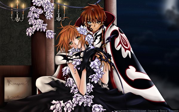 Anime picture 1920x1200 with tsubasa reservoir chronicle clamp sakura hime syaoran kitaan trofikabinet highres short hair brown hair wide image yellow eyes hair flower orange hair couple hug girl boy hair ornament