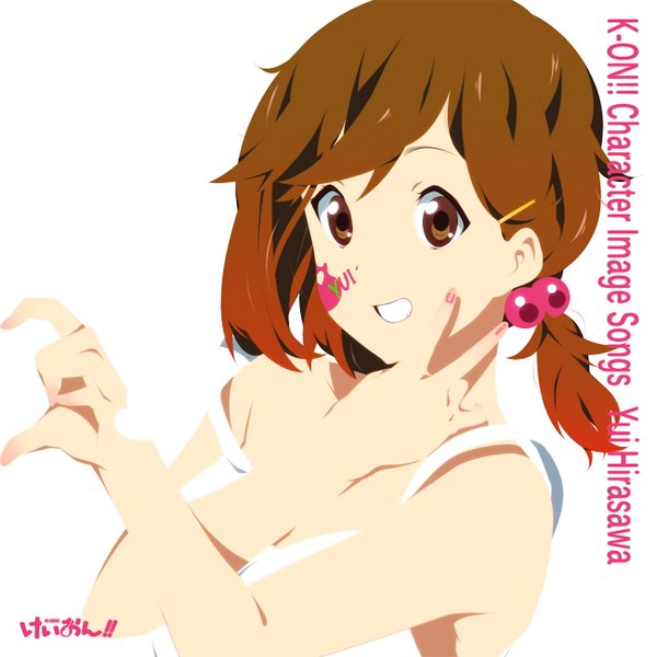 Anime picture 1300x1300 with k-on! kyoto animation hirasawa yui nanao (mahaya) single simple background smile brown hair white background brown eyes tattoo victory girl guitar