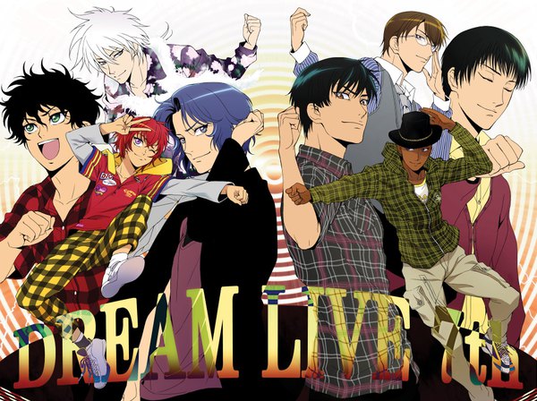 Anime picture 937x700 with prince of tennis yukimura seiichi niou masaharu marui bunta yagyuu hiroshi kirihara akaya sanada genichiroh yanagi renji kuwahara jackal chikariya looking at viewer fringe short hair open mouth black hair smile hair between eyes brown hair purple eyes green eyes