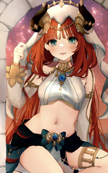 Anime picture 2000x3200 with genshin impact nilou (genshin impact) pof (peuplierpof) single long hair tall image looking at viewer blush fringe highres sitting twintails red hair horn (horns) aqua eyes midriff low twintails girl navel detached sleeves