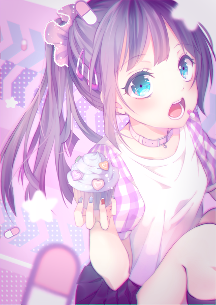 Anime picture 1000x1412 with original shiki hinako single long hair tall image looking at viewer blush open mouth blue eyes purple hair ponytail girl skirt hair ornament food sweets hairclip collar