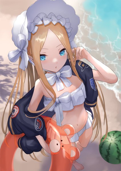 Anime picture 601x850 with fate (series) fate/grand order abigail williams (fate) abigail williams (swimsuit foreigner) (fate) mokyumokyuchan single long hair tall image looking at viewer blue eyes blonde hair full body from above beach girl swimsuit hat bikini food jacket