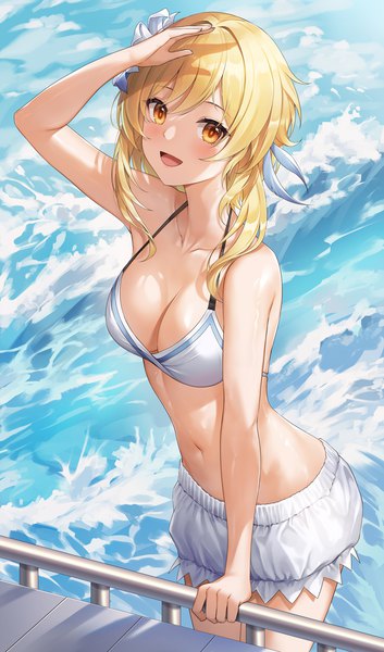 Anime picture 736x1250 with genshin impact lumine (genshin impact) lunacle single long hair tall image looking at viewer blush fringe breasts open mouth light erotic blonde hair smile hair between eyes large breasts standing yellow eyes cleavage outdoors