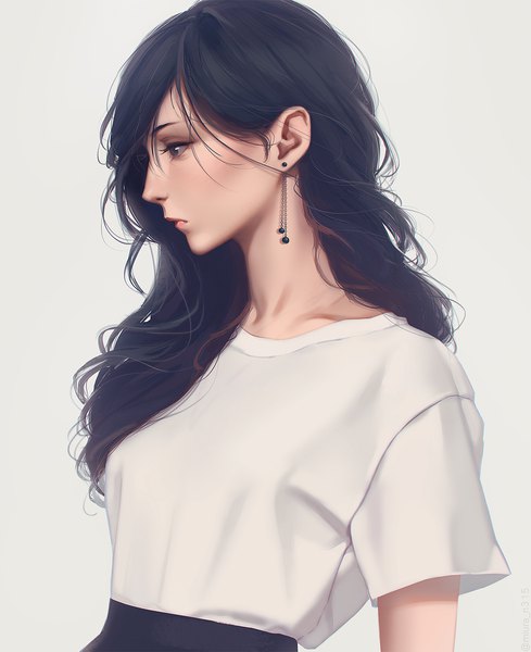 Anime picture 1240x1522 with original miura-n315 single long hair tall image blush fringe breasts black hair simple background standing looking away profile lips black eyes realistic grey background girl earrings t-shirt