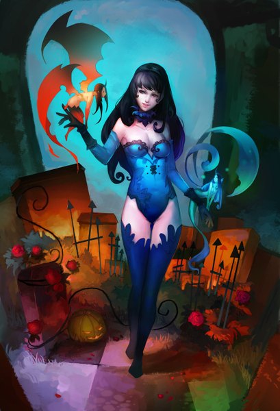 Anime picture 900x1321 with original narongchai singhapand single long hair tall image fringe light erotic black hair smile red eyes standing sitting bare shoulders looking away horn (horns) light smile lips halloween checkered floor demon wings