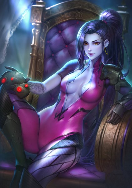 Anime picture 2480x3508 with overwatch blizzard entertainment widowmaker (overwatch) nudtawut thongmai single long hair tall image looking at viewer highres breasts light erotic sitting yellow eyes cleavage purple hair bent knee (knees) ponytail indoors parted lips light smile